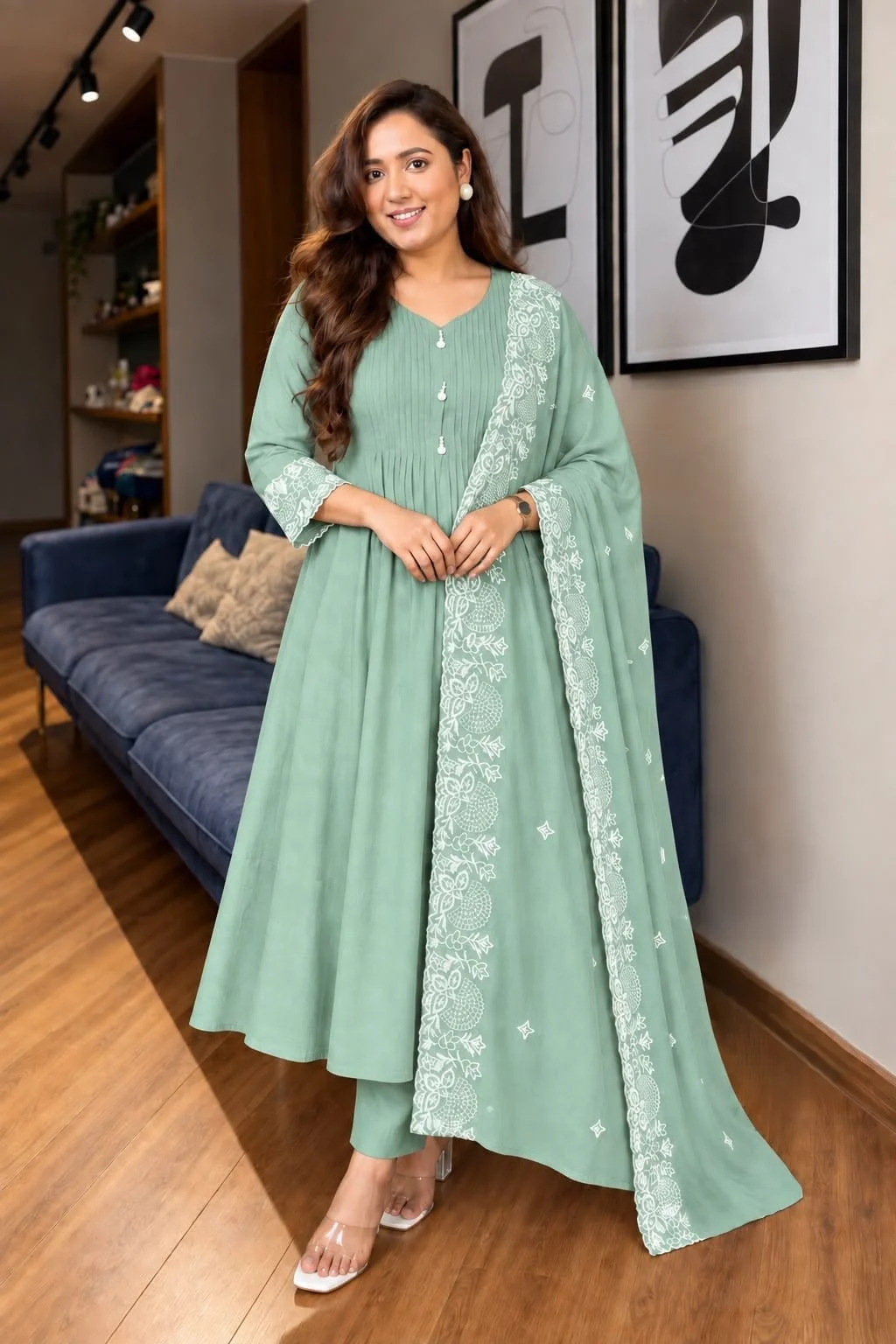 Mul Chanderi Reva Anarkali Suit Set